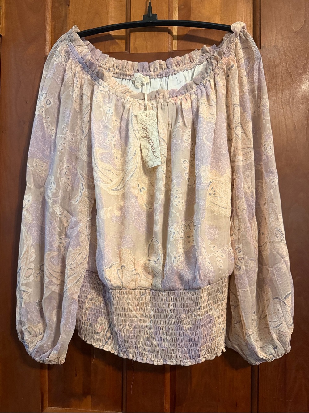 Mysteree Women’s Off-Shoulder Blouson Top - Pastel Paisley